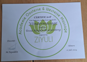 Op 21 juli 2024 heb ik een workshop Vlindermassage gevolgd, dit is het certificaat ervan