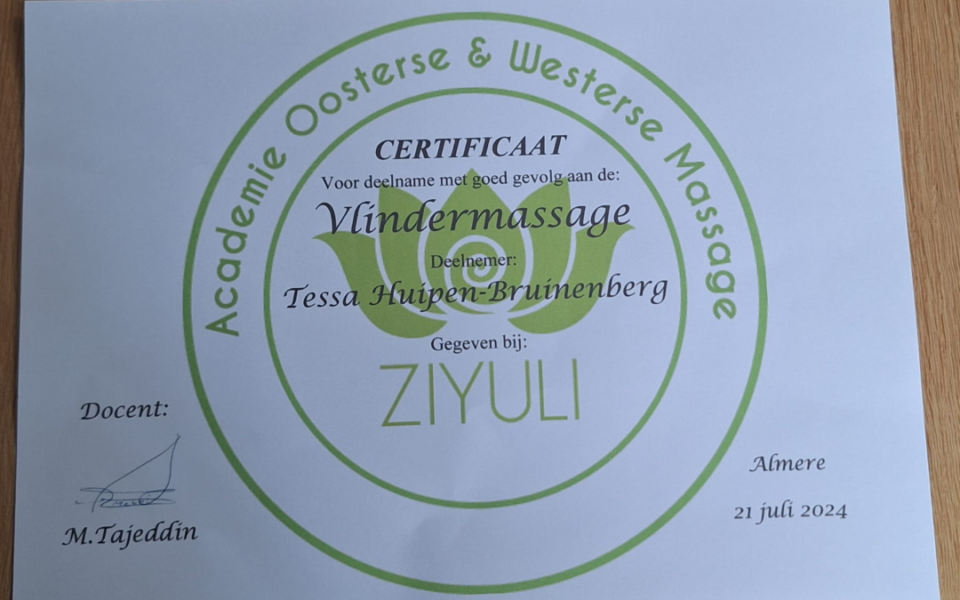 Op 21 juli 2024 heb ik een workshop Vlindermassage gevolgd, dit is het certificaat ervan